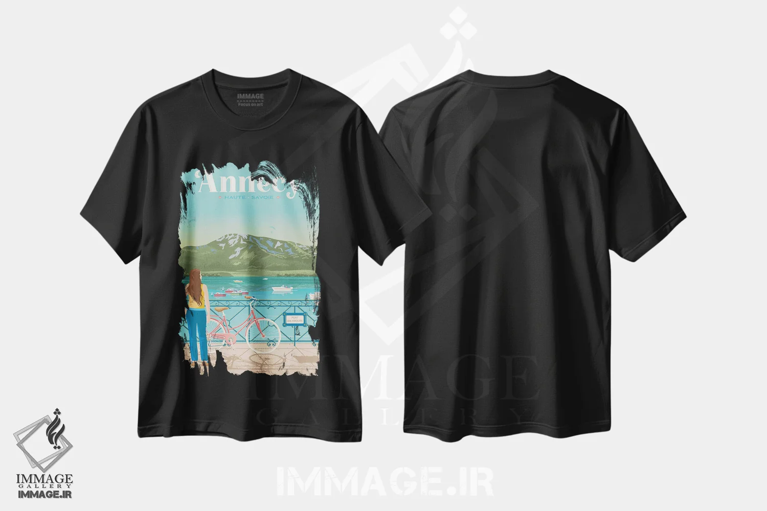 تیشرت مشکی طرح دار تصویر سفر پل عشاق آنسی فرانسه، هنر دیجیتال اثر اولا هوپ تراول پوسترز | فروشگاه ایماژ