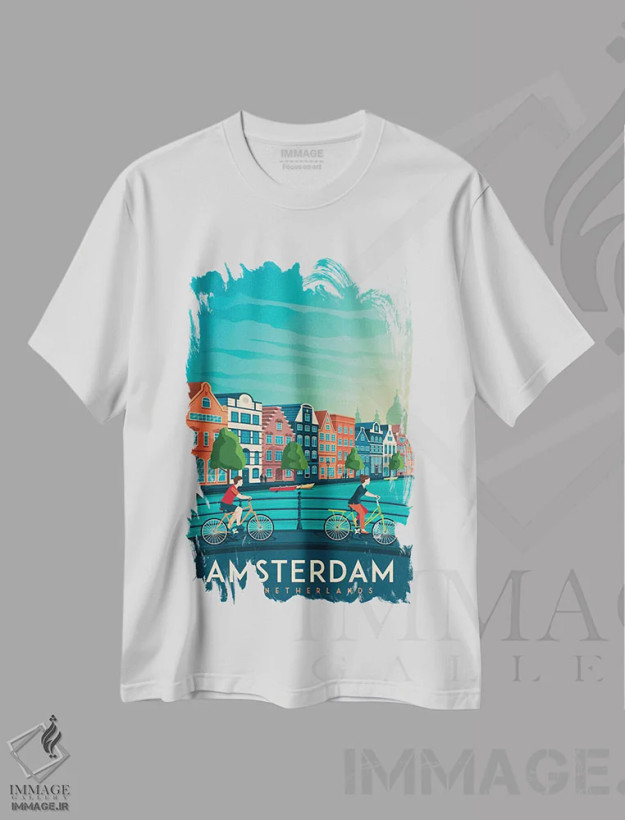 تیشرت سفید طرح دار تصویر سفر آمستردام هلند، هنر دیجیتال اثر اولا هوپ تراول پوسترز | فروشگاه ایماژ
