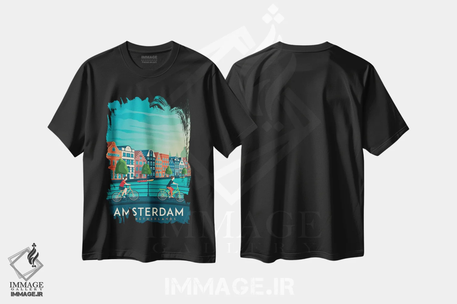 تیشرت مشکی طرح دار تصویر سفر آمستردام هلند، هنر دیجیتال اثر اولا هوپ تراول پوسترز | immage.ir