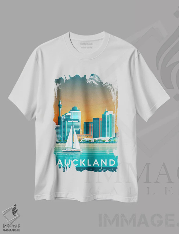 تیشرت سفید طرح دار تصویر سفر آوکلند نیوزیلند، هنر دیجیتال اثر اولا هوپ تراول پوسترز | immage.ir