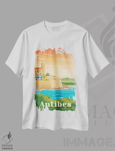 تیشرت سفید طرح دار تصویر سفر آنتیب ژوان له پین فرانسه، هنر دیجیتال اثر اولا هوپ تراول پوسترز | فروشگاه ایماژ