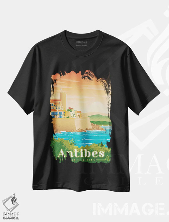 تیشرت مشکی طرح دار تصویر سفر آنتیب ژوان له پین فرانسه، هنر دیجیتال اثر اولا هوپ تراول پوسترز | immage.ir