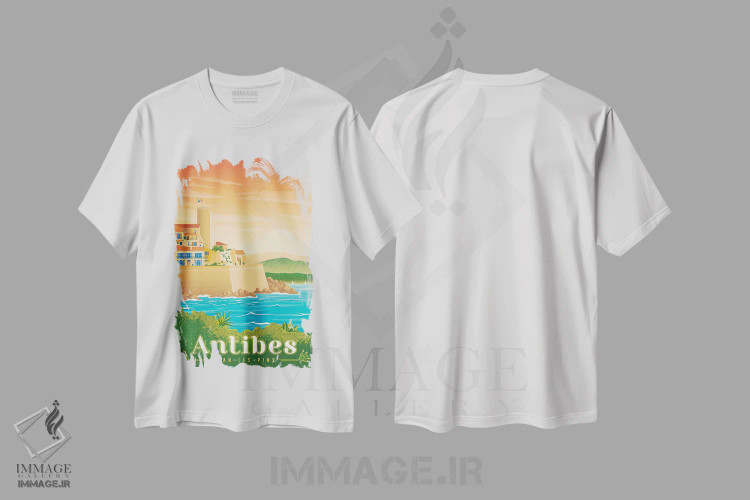 تیشرت سفید طرح دار تصویر سفر آنتیب ژوان له پین فرانسه، هنر دیجیتال اثر اولا هوپ تراول پوسترز | فروشگاه ایماژ