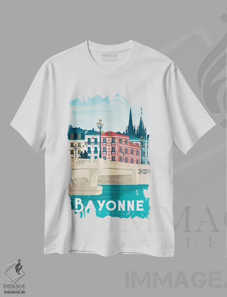 تیشرت سفید طرح دار تصویر سفر بایون باسک کانتری فرانسه، هنر دیجیتال اثر اولا هوپ تراول پوسترز | فروشگاه ایماژ
