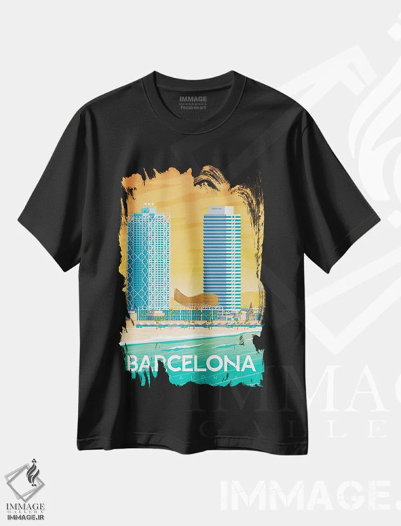 تیشرت مشکی طرح دار تصویر سفر بارسلونا اسپانیا، هنر دیجیتال اثر اولا هوپ تراول پوسترز | immage.ir