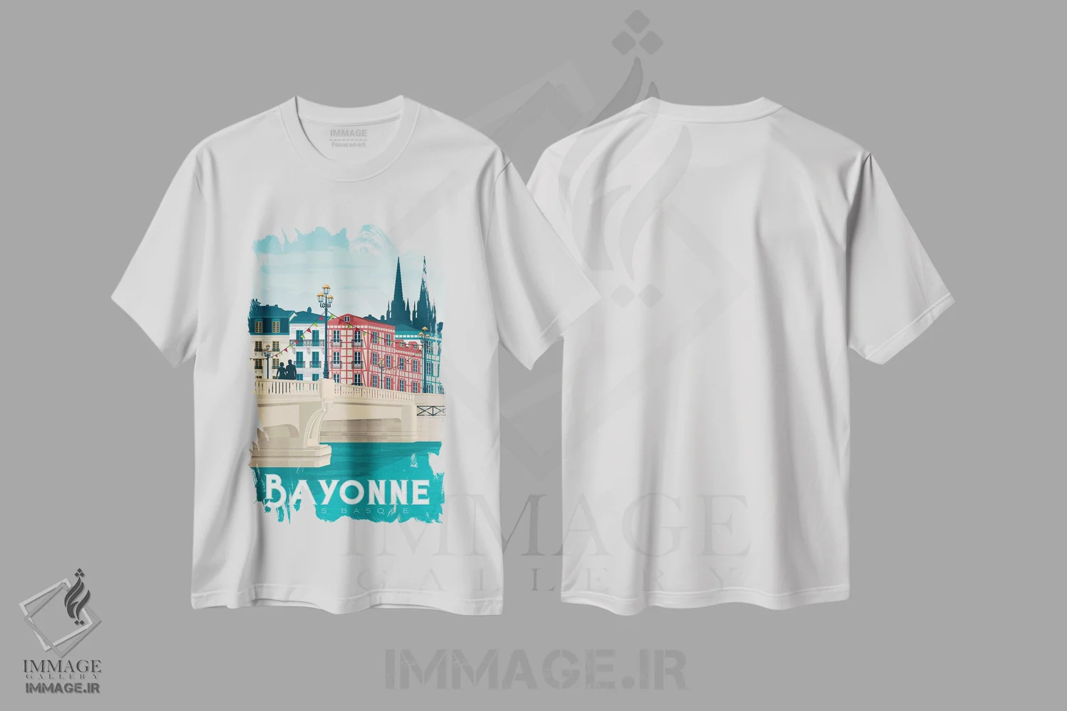 تیشرت سفید طرح دار تصویر سفر بایون باسک کانتری فرانسه، هنر دیجیتال اثر اولا هوپ تراول پوسترز | فروشگاه ایماژ