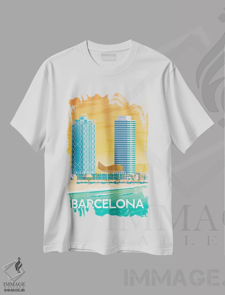 تیشرت سفید طرح دار تصویر سفر بارسلونا اسپانیا، هنر دیجیتال اثر اولا هوپ تراول پوسترز | فروشگاه ایماژ