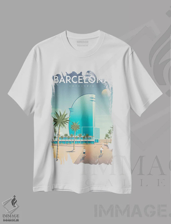 تیشرت سفید طرح دار تصویر سفر هتل W بارسلونا اسپانیا، هنر دیجیتال اثر اولا هوپ تراول پوسترز | immage.ir