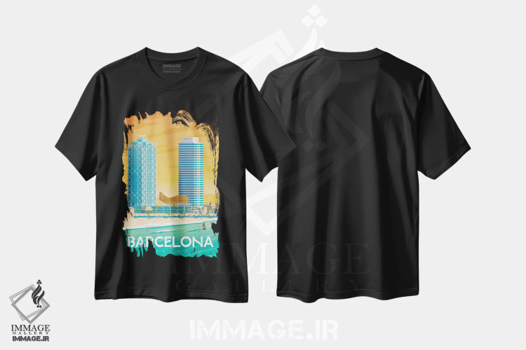 تیشرت مشکی طرح دار تصویر سفر بارسلونا اسپانیا، هنر دیجیتال اثر اولا هوپ تراول پوسترز | immage.ir