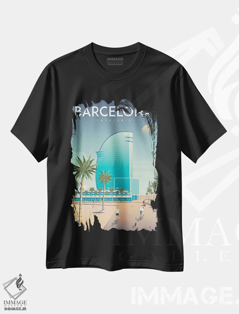 تیشرت مشکی طرح دار تصویر سفر هتل W بارسلونا اسپانیا، هنر دیجیتال اثر اولا هوپ تراول پوسترز | فروشگاه ایماژ