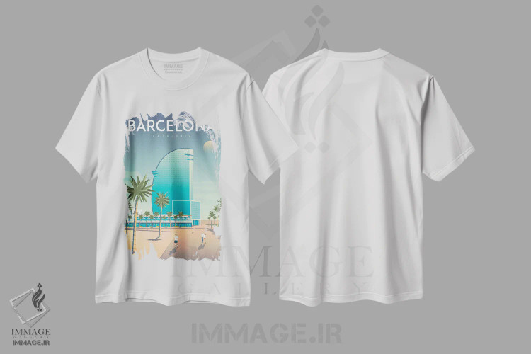 تیشرت سفید طرح دار تصویر سفر هتل W بارسلونا اسپانیا، هنر دیجیتال اثر اولا هوپ تراول پوسترز | immage.ir