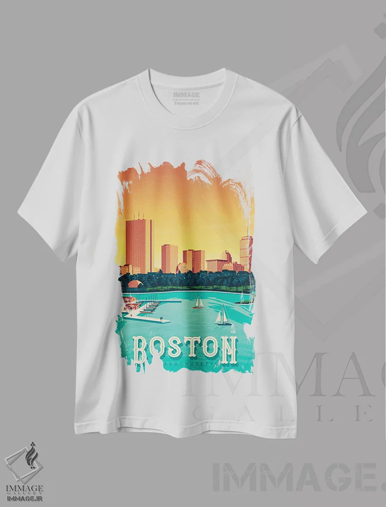 تیشرت سفید طرح دار تصویر سفر بوستون ماساچوست آمریکا، هنر دیجیتال اثر اولا هوپ تراول پوسترز | فروشگاه ایماژ