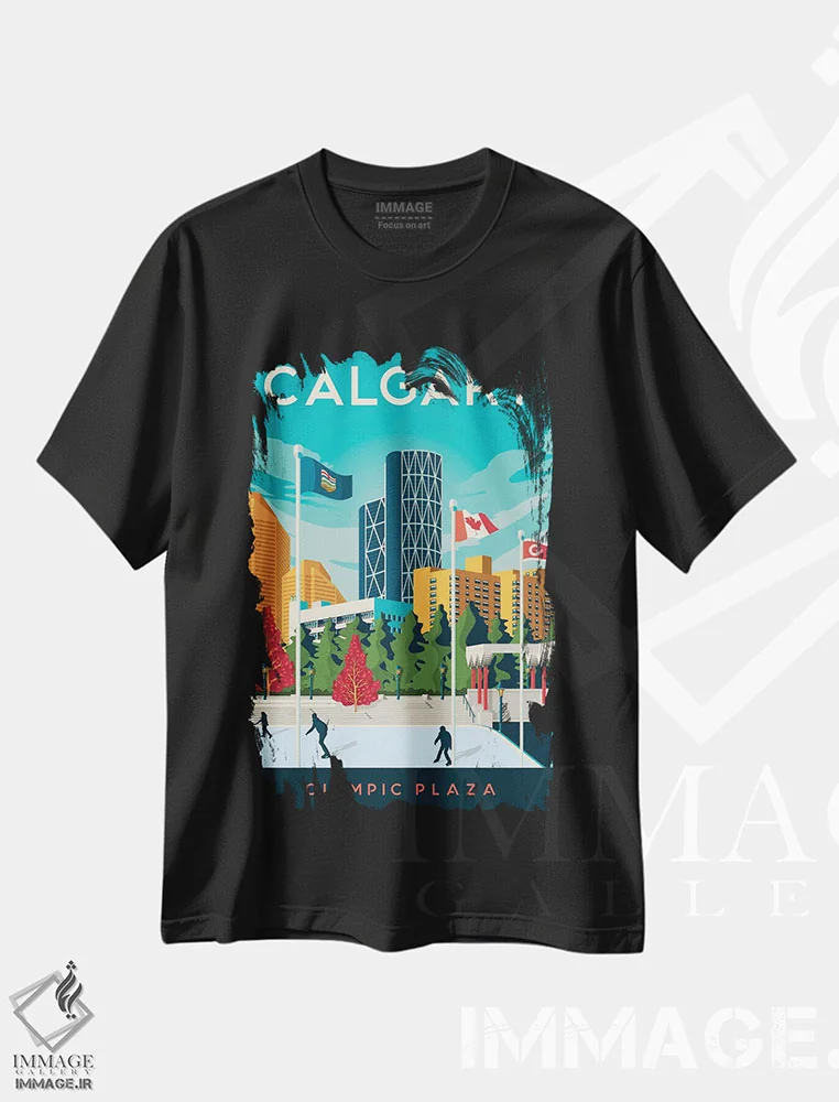 تیشرت مشکی طرح دار تصویر سفر کلگری آلبرتا کانادا، هنر دیجیتال اثر اولا هوپ تراول پوسترز | فروشگاه ایماژ