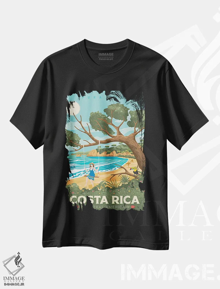 تیشرت مشکی طرح دار تصویر سفر ساحل کاستاریکا، هنر دیجیتال اثر اولا هوپ تراول پوسترز | فروشگاه ایماژ