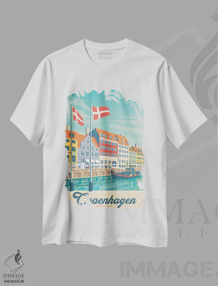 تیشرت سفید طرح دار تصویر سفر کپنهاگ دانمارک، هنر دیجیتال اثر اولا هوپ تراول پوسترز | فروشگاه ایماژ