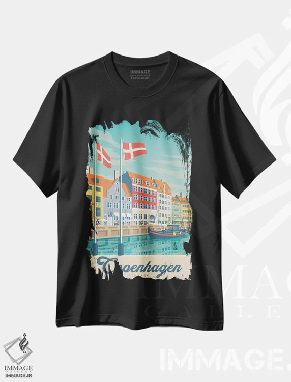 تیشرت مشکی طرح دار تصویر سفر کپنهاگ دانمارک، هنر دیجیتال اثر اولا هوپ تراول پوسترز | immage.ir