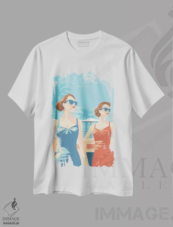 تیشرت سفید طرح دار تصویر سفر بانوان ریویرا فرانسه، هنر دیجیتال اثر اولا هوپ تراول پوسترز | فروشگاه ایماژ