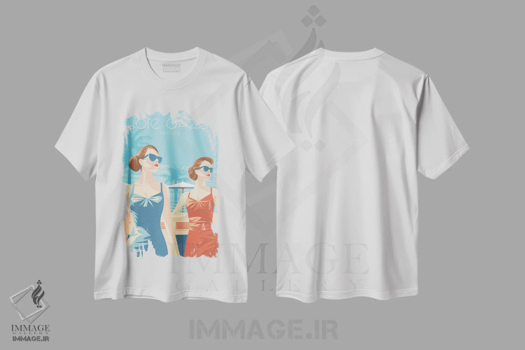تیشرت سفید طرح دار تصویر سفر بانوان ریویرا فرانسه، هنر دیجیتال اثر اولا هوپ تراول پوسترز | فروشگاه ایماژ