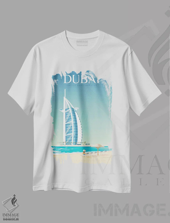تیشرت سفید طرح دار تصویر سفر برج خلیفه دبی، هنر دیجیتال اثر اولا هوپ تراول پوسترز | immage.ir