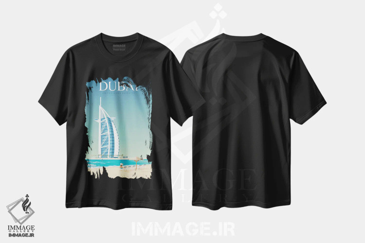 تیشرت مشکی طرح دار تصویر سفر برج خلیفه دبی، هنر دیجیتال اثر اولا هوپ تراول پوسترز | فروشگاه ایماژ