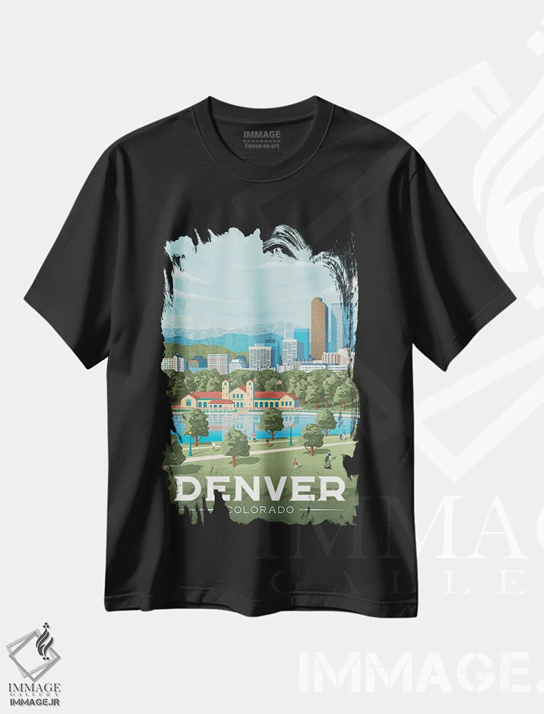 تیشرت مشکی طرح دار تصویر سفر دنور کلرادو، هنر دیجیتال اثر اولا هوپ تراول پوسترز | فروشگاه ایماژ