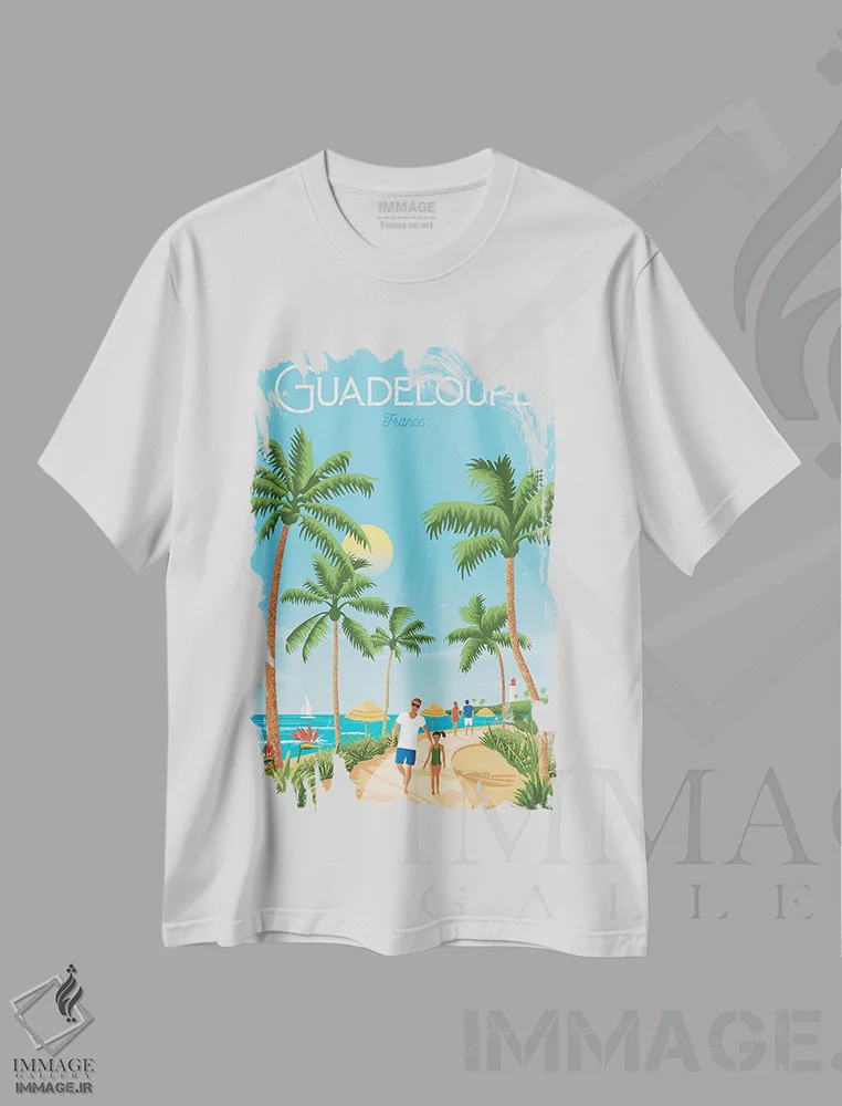 تیشرت سفید طرح دار جزیره گوادلوپ فرانسه، هنر دیجیتال اثر اولا هوپ تراول پوسترز | immage.ir