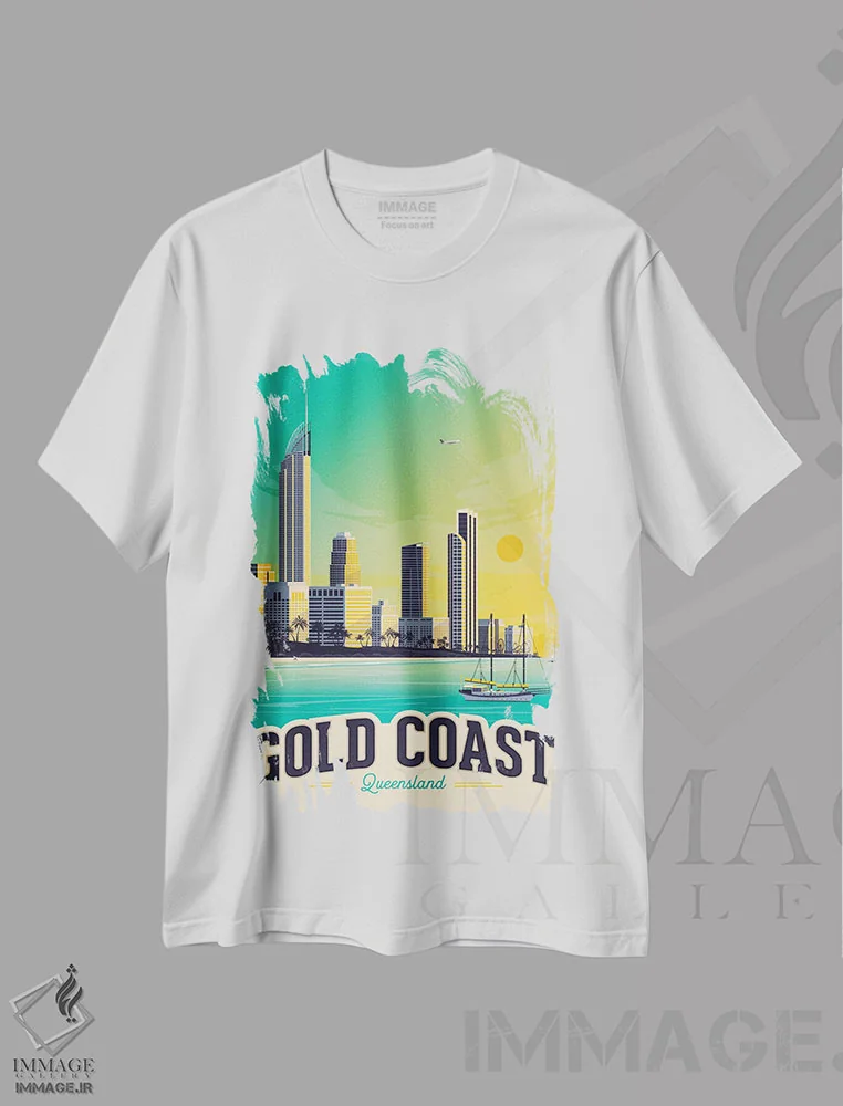 تیشرت سفید طرح دار ساحل گلد کوست استرالیا، هنر دیجیتال اثر اولا هوپ تراول پوسترز | immage.ir