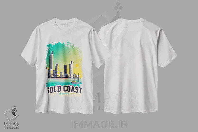تیشرت سفید طرح دار ساحل گلد کوست استرالیا، هنر دیجیتال اثر اولا هوپ تراول پوسترز | immage.ir
