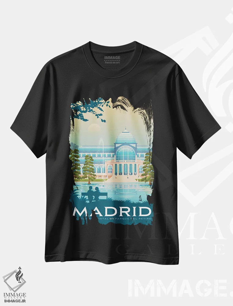 تیشرت مشکی طرح دار مادرید پالاسیو د کریستال اسپانیا، هنر دیجیتال اثر اولا هوپ تراول پوسترز | فروشگاه ایماژ