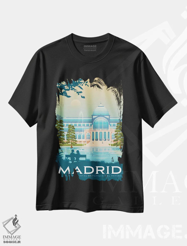 تیشرت مشکی طرح دار مادرید پالاسیو د کریستال اسپانیا، هنر دیجیتال اثر اولا هوپ تراول پوسترز | فروشگاه ایماژ