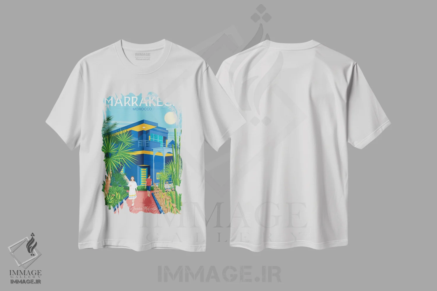 تیشرت سفید طرح دار مراکش ویلا ماجورل مراکش، هنر دیجیتال اثر اولا هوپ تراول پوسترز | فروشگاه ایماژ