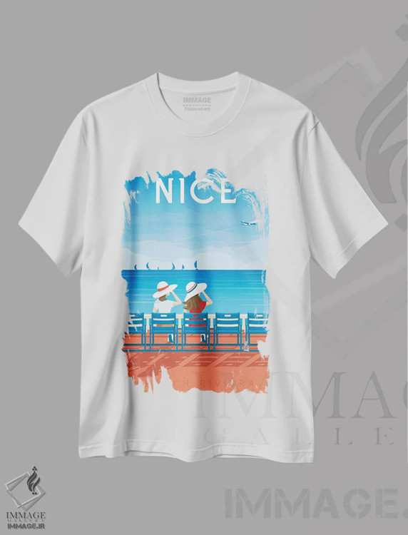 تیشرت سفید طرح دار نیس چِز بلو ریویرا فرانسه، هنر دیجیتال اثر اولا هوپ تراول پوسترز | immage.ir