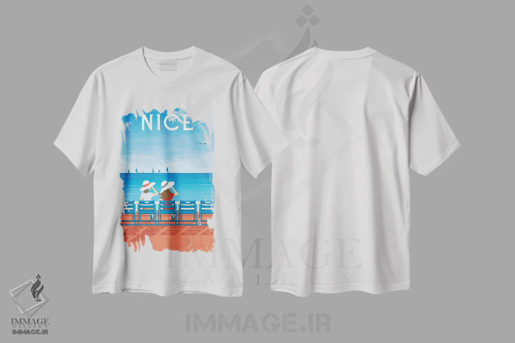 تیشرت سفید طرح دار نیس چِز بلو ریویرا فرانسه، هنر دیجیتال اثر اولا هوپ تراول پوسترز | immage.ir