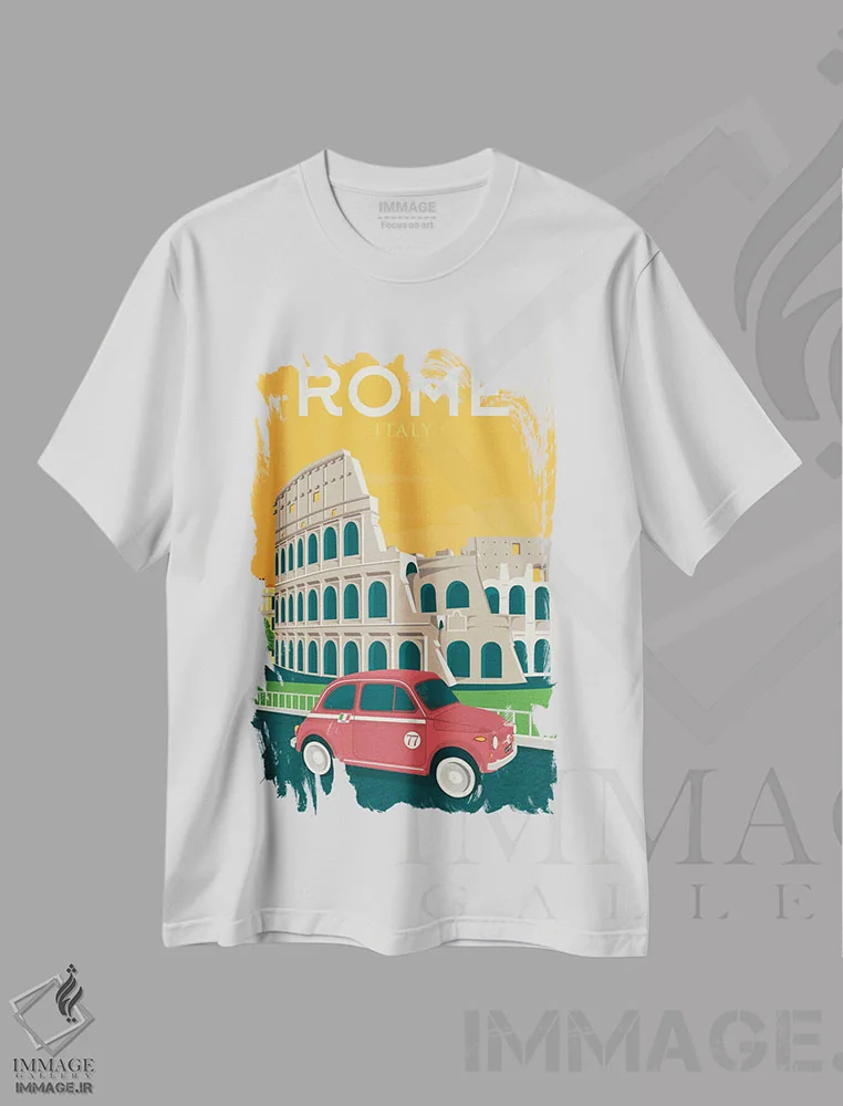 تیشرت سفید طرح دار رم کولوسئوم ایتالیا فیات ۵۰۰، هنر دیجیتال اثر اولا هوپ تراول پوسترز | فروشگاه ایماژ