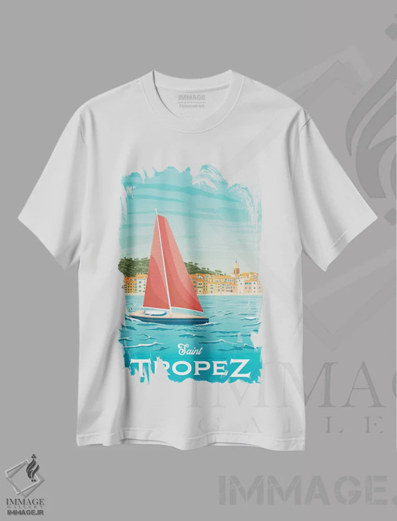 تیشرت سفید طرح دار سن تروزه ریویرا فرانسه، هنر دیجیتال اثر اولا هوپ تراول پوسترز | فروشگاه ایماژ