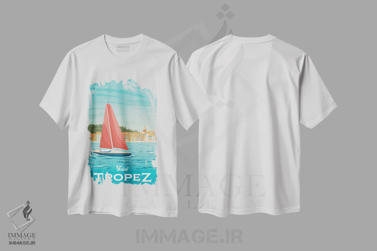 تیشرت سفید طرح دار سن تروزه ریویرا فرانسه، هنر دیجیتال اثر اولا هوپ تراول پوسترز | فروشگاه ایماژ