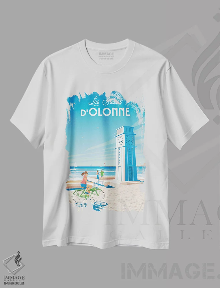 تیشرت سفید طرح دار ساحل لس سابل-دولون فرانسه، هنر دیجیتال اثر اولا هوپ تراول پوسترز | فروشگاه ایماژ