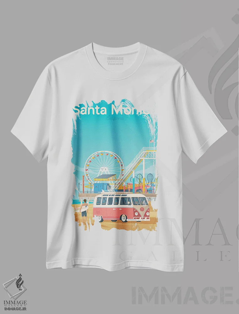 تیشرت سفید طرح دار سانتا مونیکا کالیفرنیا ایالات متحده، هنر دیجیتال اثر اولا هوپ تراول پوسترز | فروشگاه ایماژ