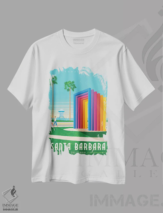 تیشرت سفید طرح دار سانتا باربارا کالیفرنیا ایالات متحده، هنر دیجیتال اثر اولا هوپ تراول پوسترز | immage.ir