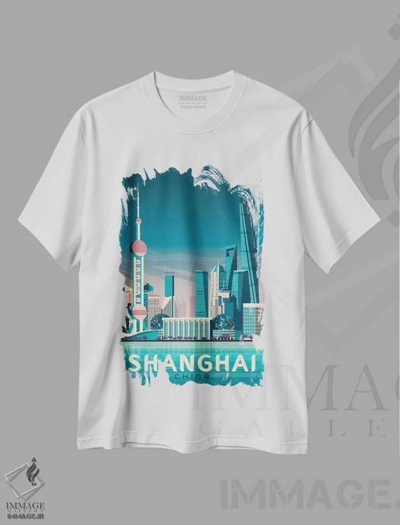 تیشرت سفید طرح دار شانگهای برج مروارید چین آسیا، هنر دیجیتال اثر اولا هوپ تراول پوسترز | فروشگاه ایماژ