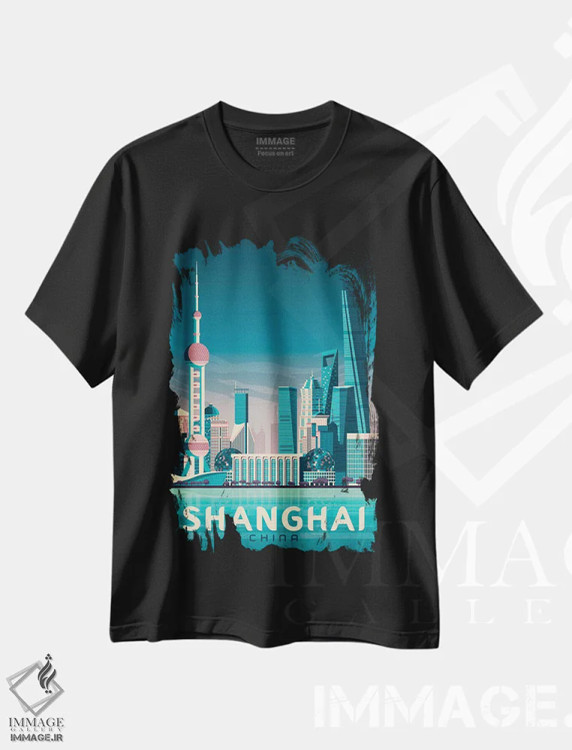تیشرت مشکی طرح دار شانگهای برج مروارید چین آسیا، هنر دیجیتال اثر اولا هوپ تراول پوسترز | immage.ir