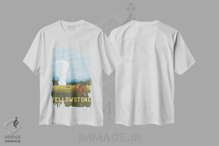 تیشرت سفید طرح دار پارک ملی یلوستون ایالات متحده، هنر دیجیتال اثر اولا هوپ تراول پوسترز | فروشگاه ایماژ