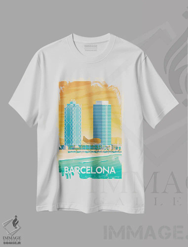 تیشرت سفید طرح دار پوستر سفر بارسلونا اسپانیا، تزئینی اثر اولا هوپ تراول پوسترز | فروشگاه ایماژ