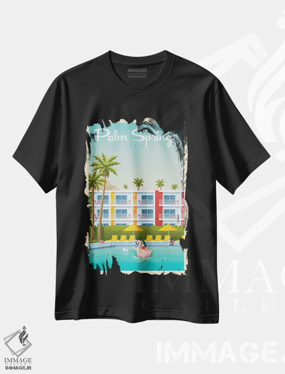 تیشرت مشکی طرح دار پوستر سفر به هتل ساگوارو پالم اسپرینگز، تزئینی اثر اولا هوپ تراول پوسترز | فروشگاه ایماژ