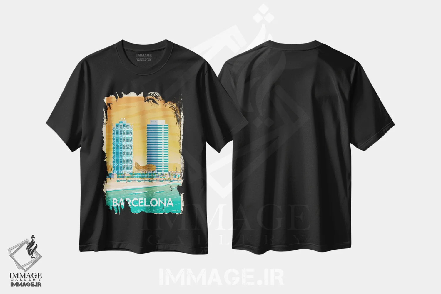تیشرت مشکی طرح دار پوستر سفر بارسلونا اسپانیا، تزئینی اثر اولا هوپ تراول پوسترز | immage.ir