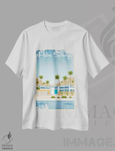 تیشرت سفید طرح دار پوستر سفر پالم اسپرینگز کالیفرنیا، تزئینی اثر اولا هوپ تراول پوسترز | فروشگاه ایماژ
