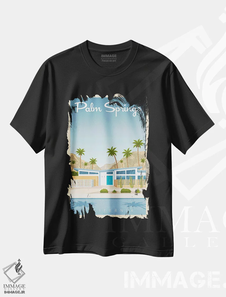 تیشرت مشکی طرح دار پوستر سفر پالم اسپرینگز کالیفرنیا، تزئینی اثر اولا هوپ تراول پوسترز | immage.ir