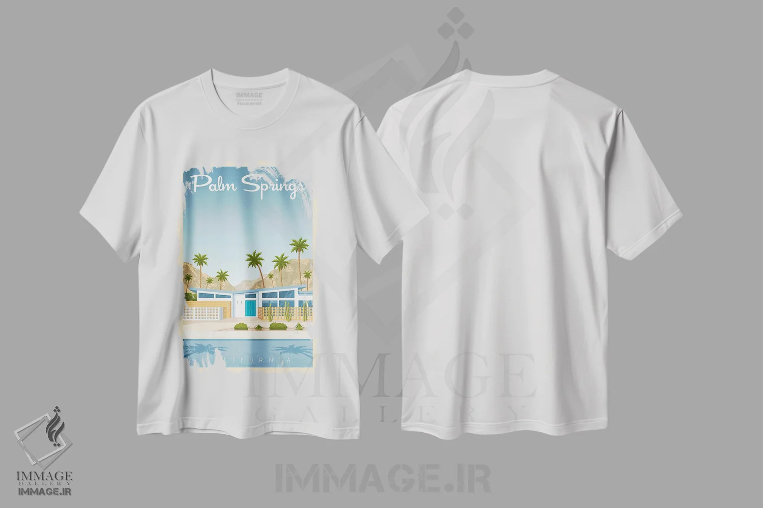 تیشرت سفید طرح دار پوستر سفر پالم اسپرینگز کالیفرنیا، تزئینی اثر اولا هوپ تراول پوسترز | فروشگاه ایماژ