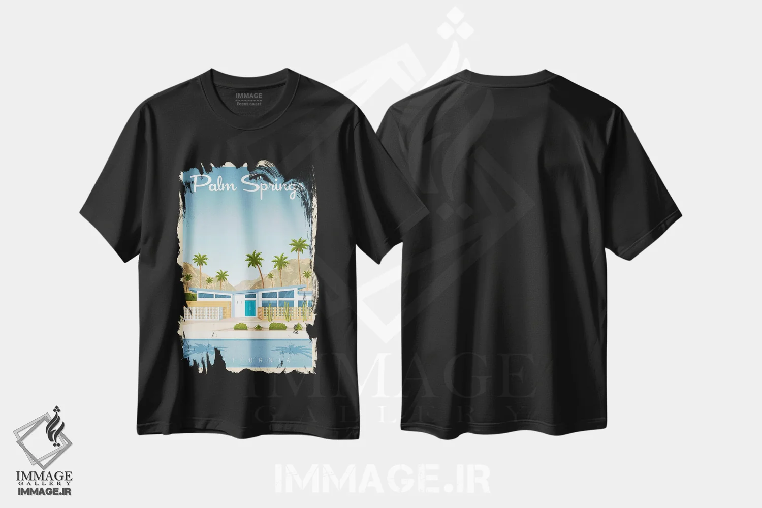تیشرت مشکی طرح دار پوستر سفر پالم اسپرینگز کالیفرنیا، تزئینی اثر اولا هوپ تراول پوسترز | immage.ir