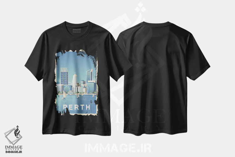 تیشرت مشکی طرح دار پوستر سفر پرت استرالیا، تزئینی اثر اولا هوپ تراول پوسترز | فروشگاه ایماژ